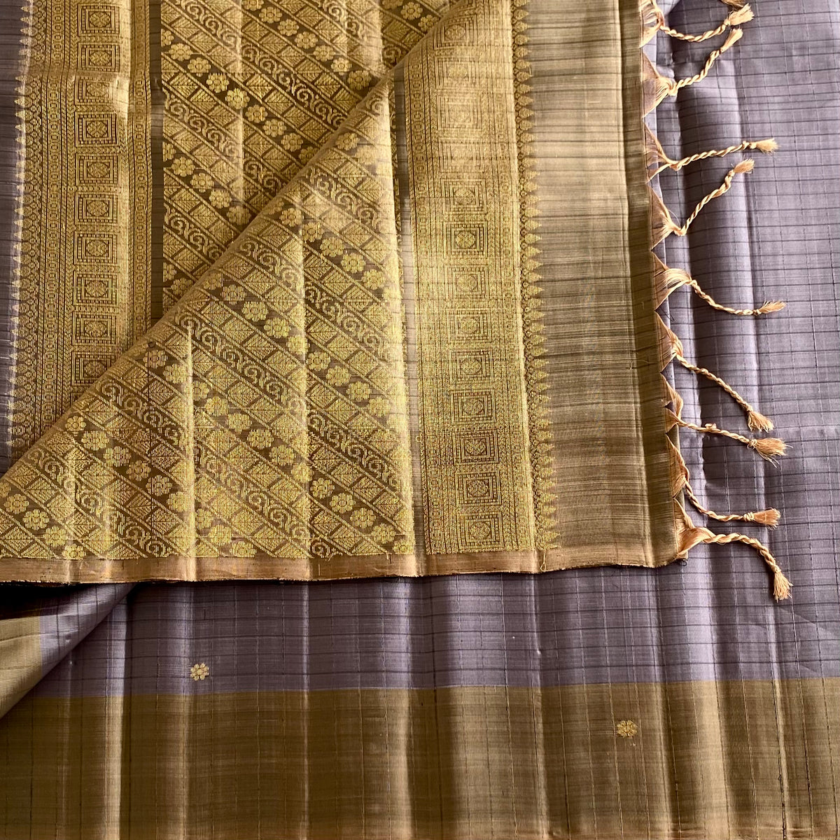 Smoky Greyish Lavender Designer Pure Silk Saree With Antique Gold Pallu