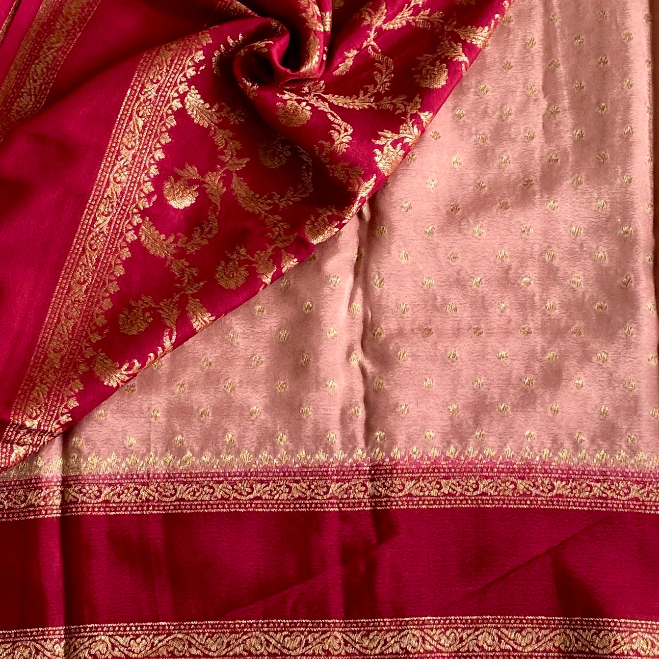 Blush Beige with Maroon Banarasi Crepe Silk Saree With Brocade Border