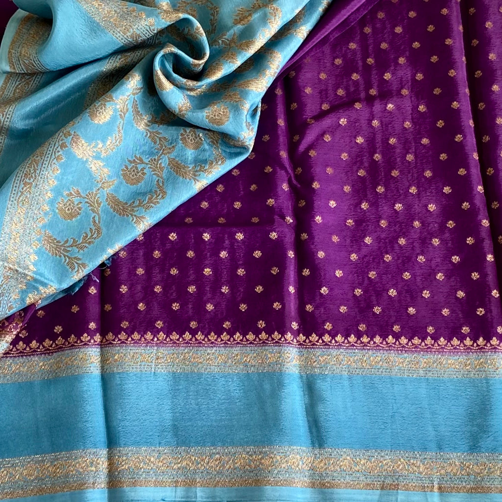 Royal Purple Sky Blue Banarasi Crepe Silk Saree With Brocade Pallu