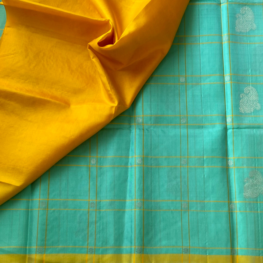 Classy Sea blue with mango yellow checkered designer pure silk