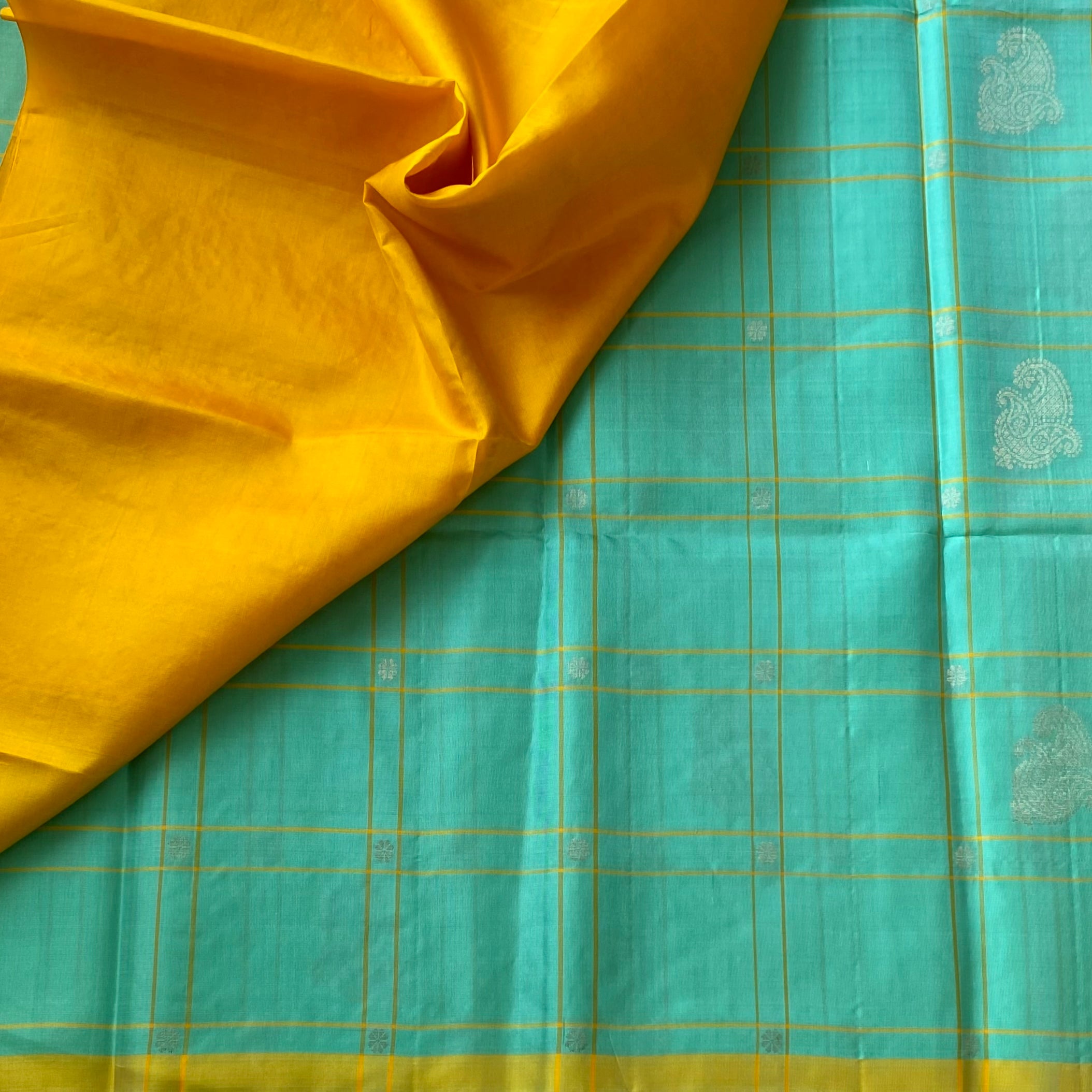 Classy Sea blue with mango yellow checkered designer pure silk