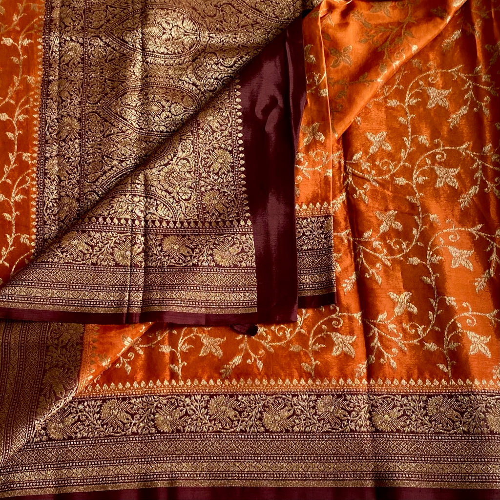 Rustic Jaal Woven Banarasi Crepe Silk With Wine Brown Contrast