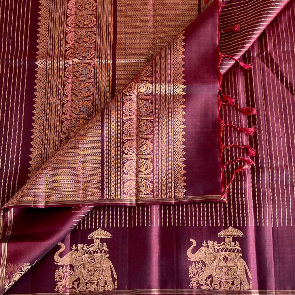 Deep Maroon Designer Pure Silk Saree With Antique Gold Pallu