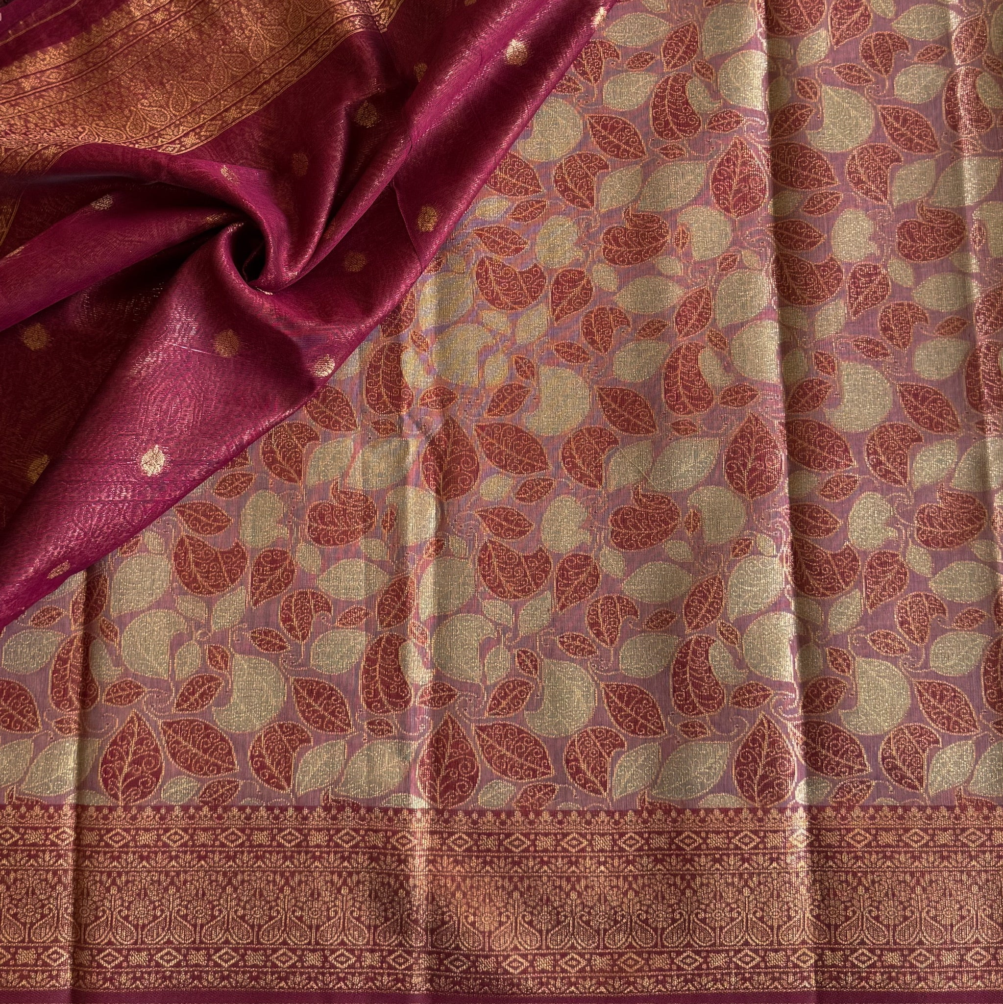 Magenta Brocade Leaf Motif Saree With Antique Gold Zari