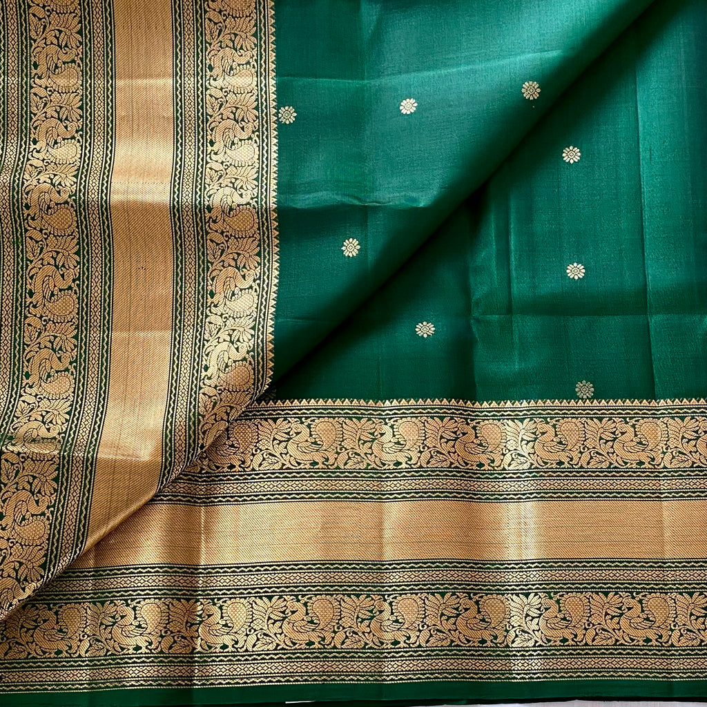 Emerald Green Designer Pure Silk Saree Antique Gold Zari Border