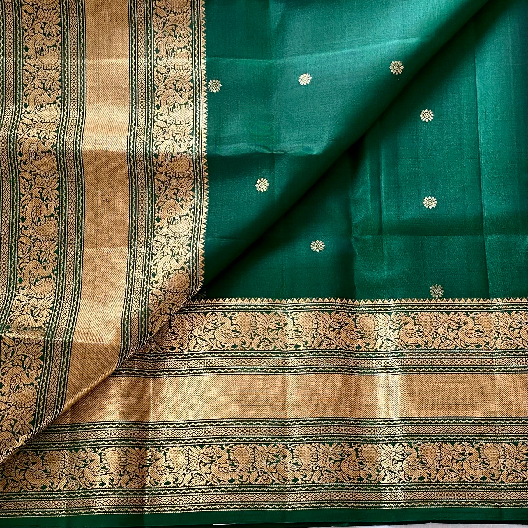 Emerald Green Designer Pure Silk Saree Antique Gold Zari Border
