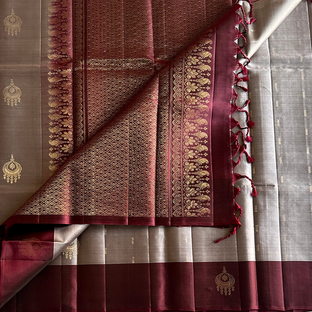 Deep Maroon Gold Brocade Pallu Silvery Grey Saree Traditional Weave