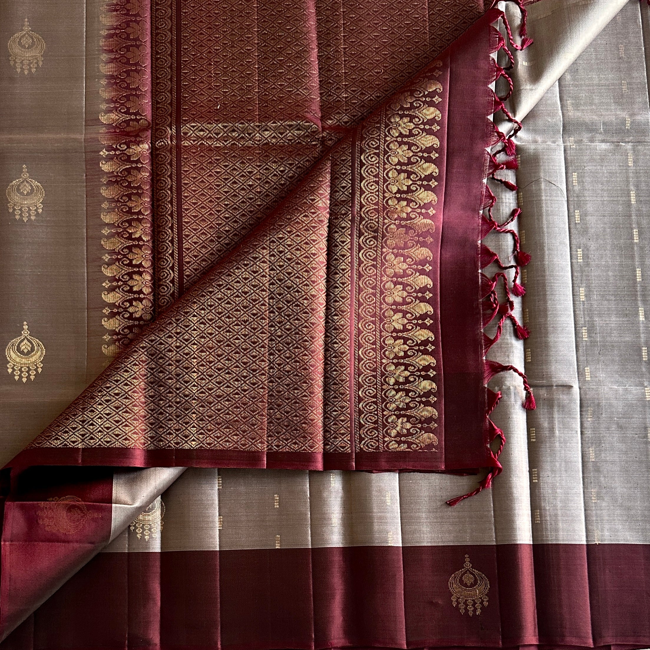 Deep Maroon Gold Brocade Pallu Silvery Grey Saree Traditional Weave