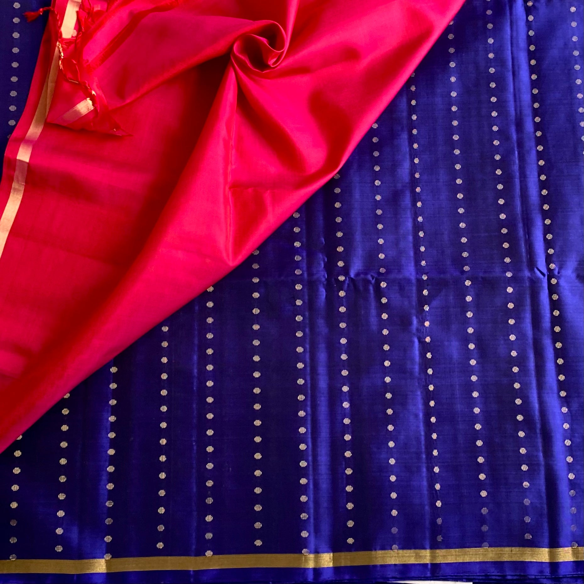 Royal Blue Designer Pure Silk Saree With Rani Pink Pallu