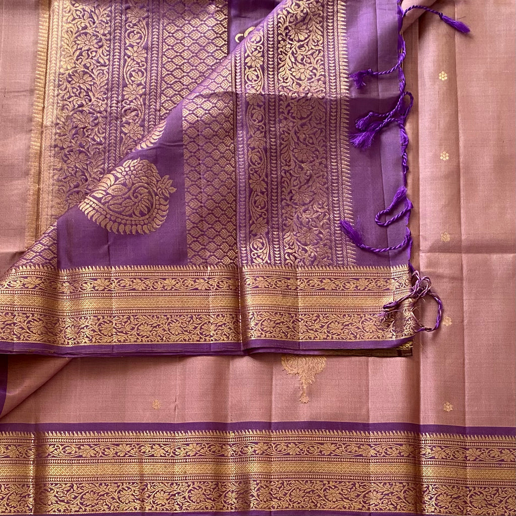 Rare Mauve Bronze Designer Pure Silk Saree Lavender Purple Zari Border Contrast Pallu