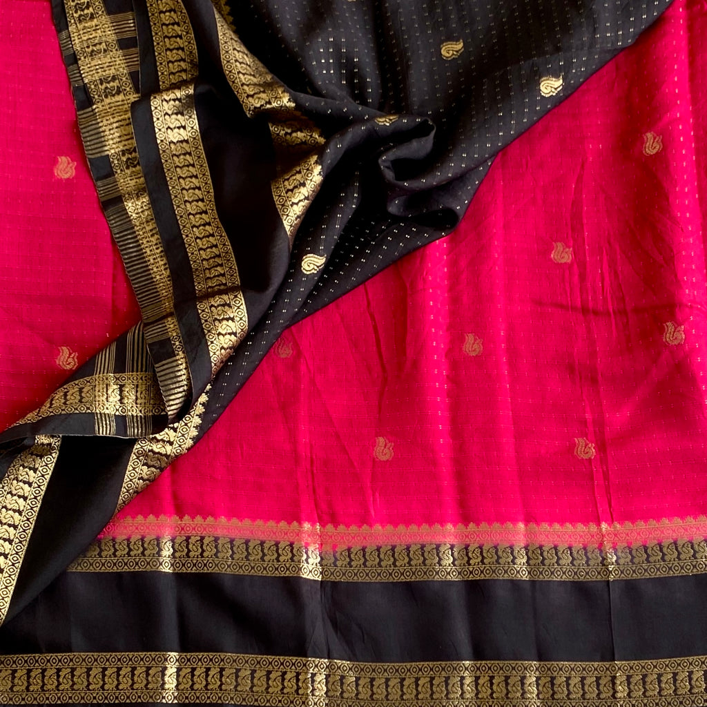Rani Pink Soft Tussar Silk Saree With Jet Black Pallu