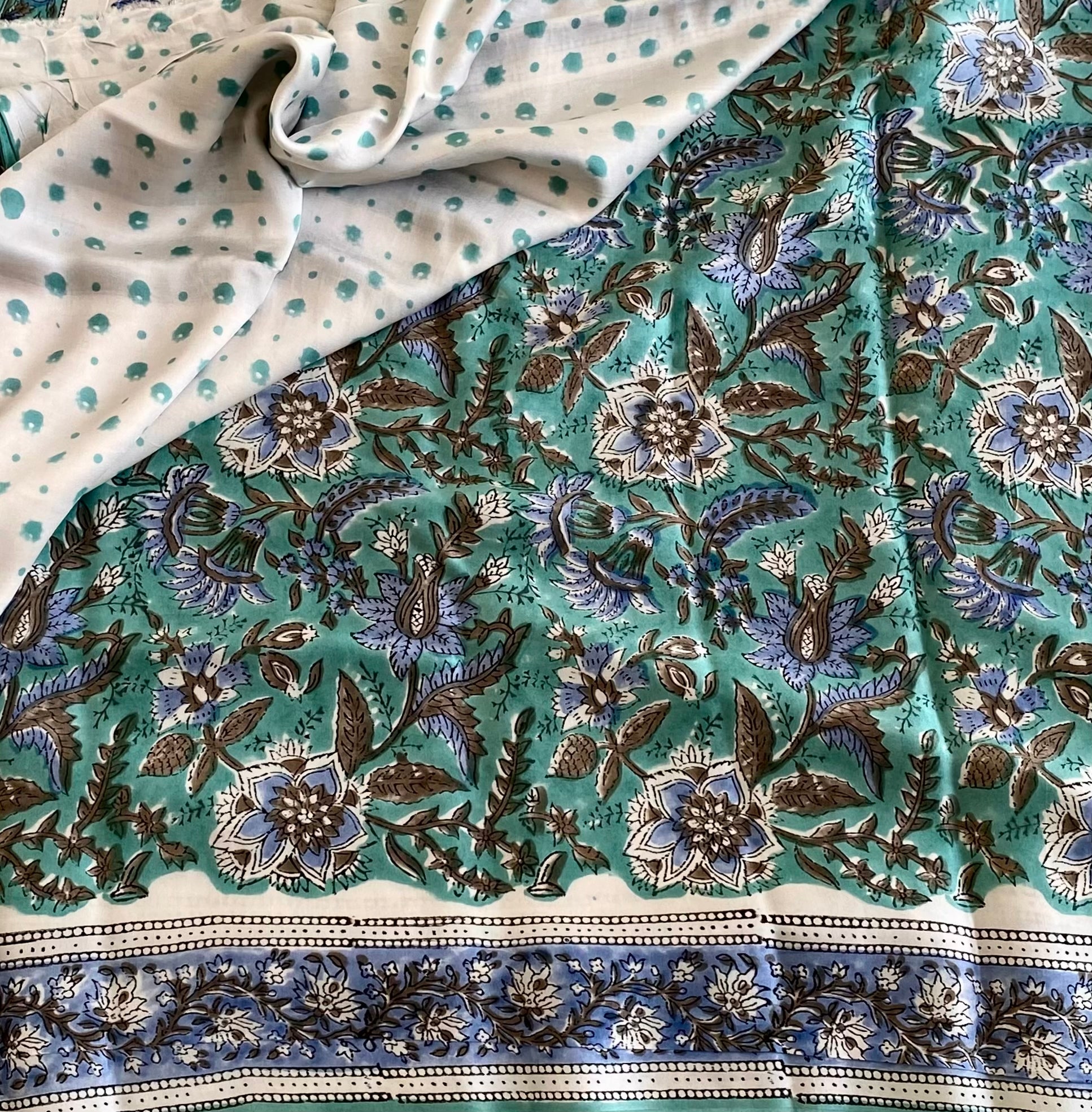Ajrakh Handblock Printed Silk Mint Blue Beauty With Ivory Pallu