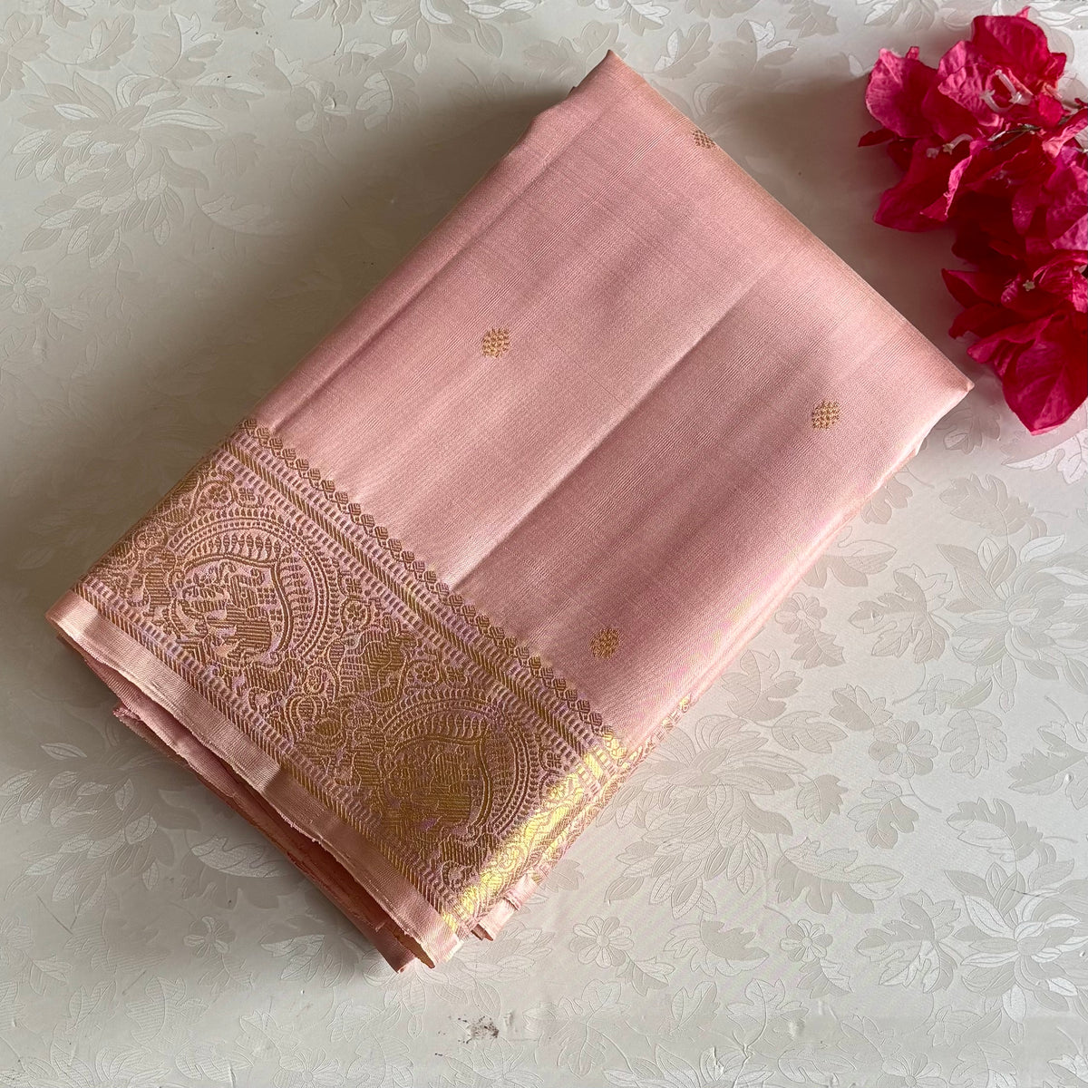 Blush Pastel Pinkish Peach Kanjeevaram Pure Zari Silk Saree With Metallic Gold Border