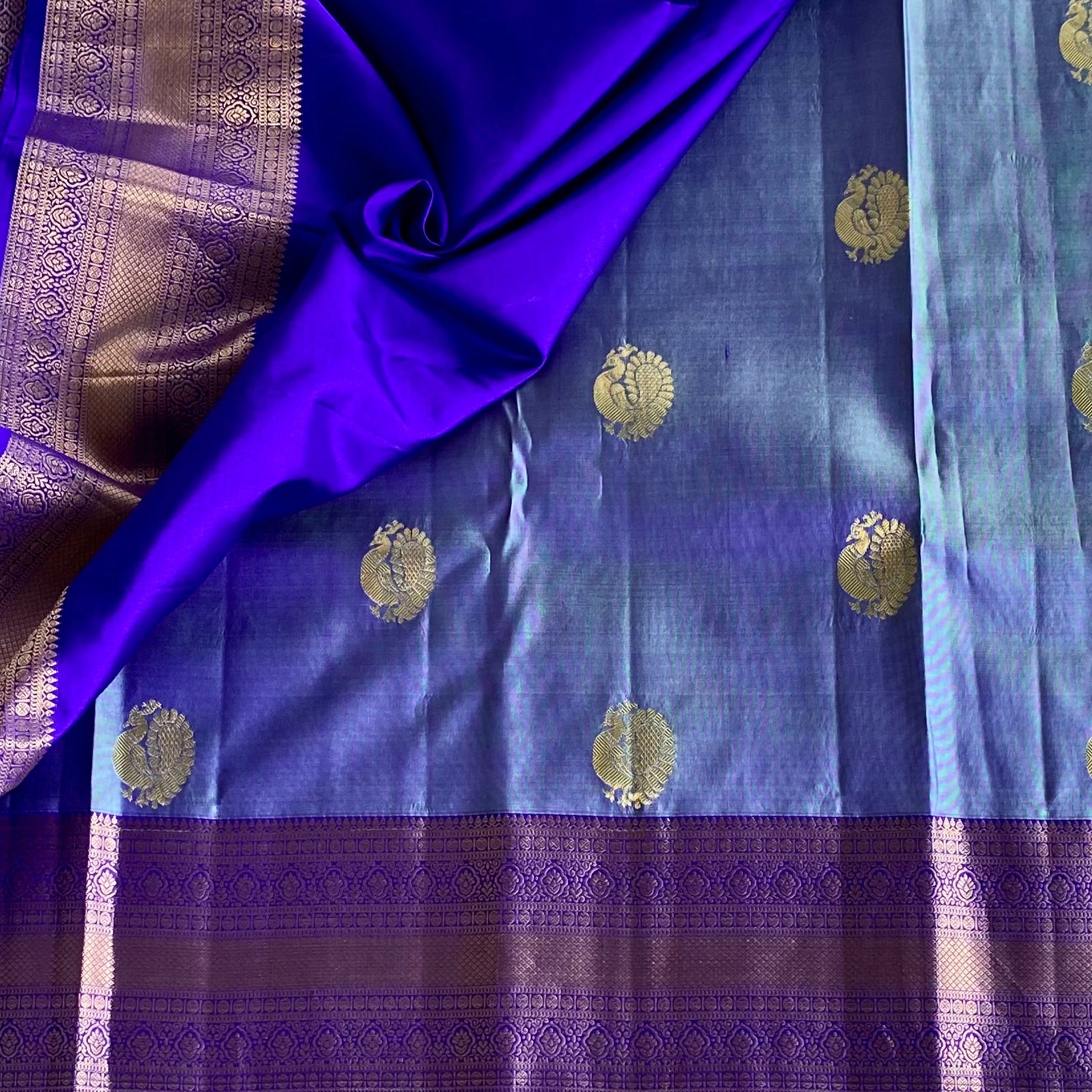Royal Purple Designer Pure Silk Saree With Peacock Blue Pallu
