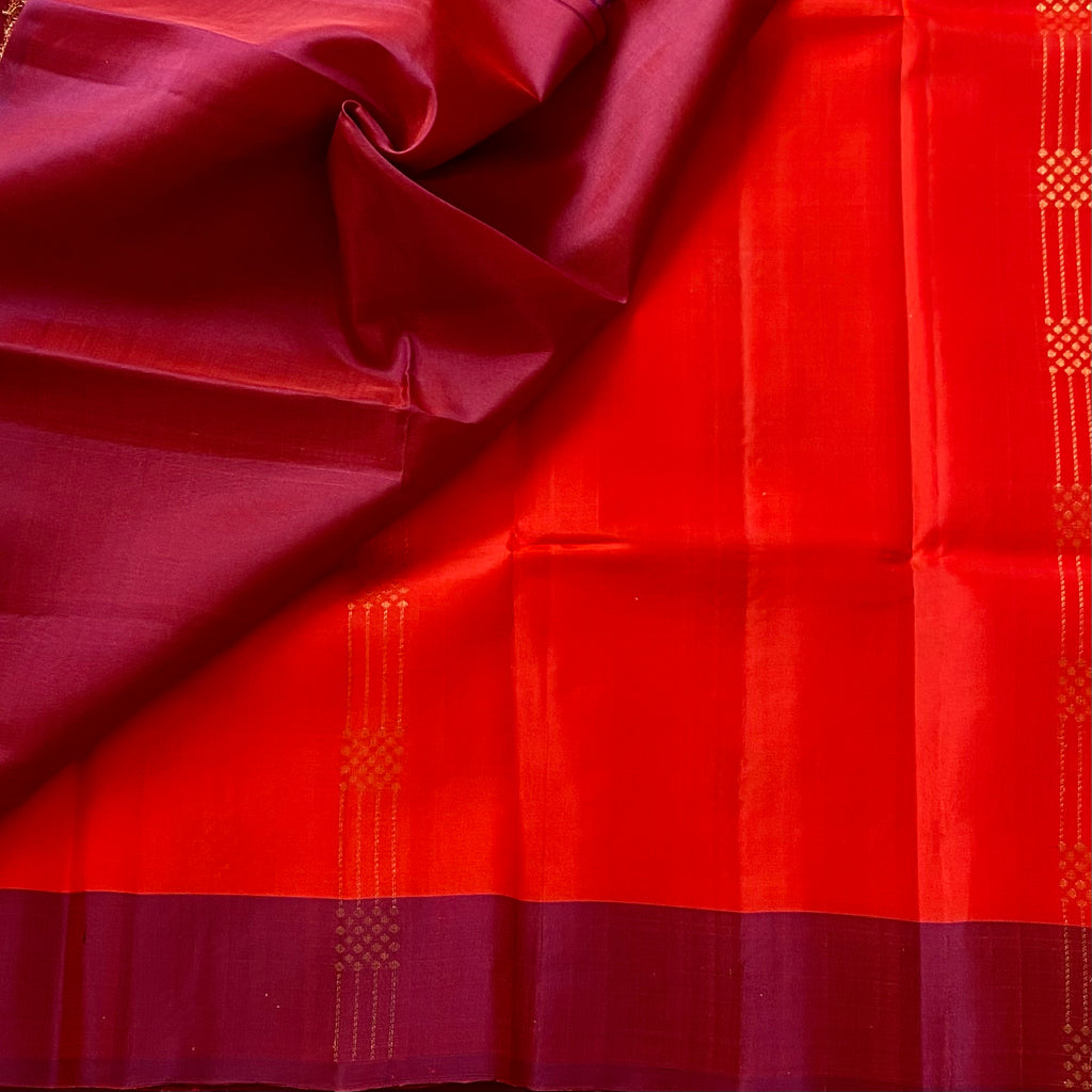 Scarlet Reddish Orange Designer Pure Silk Saree Wine Maroon Zari Border