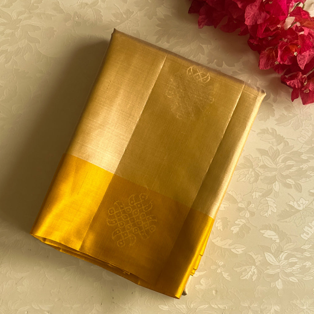 Deep Beige with Mango Yellow Kollam Zari woven Lightweight Pure Silk