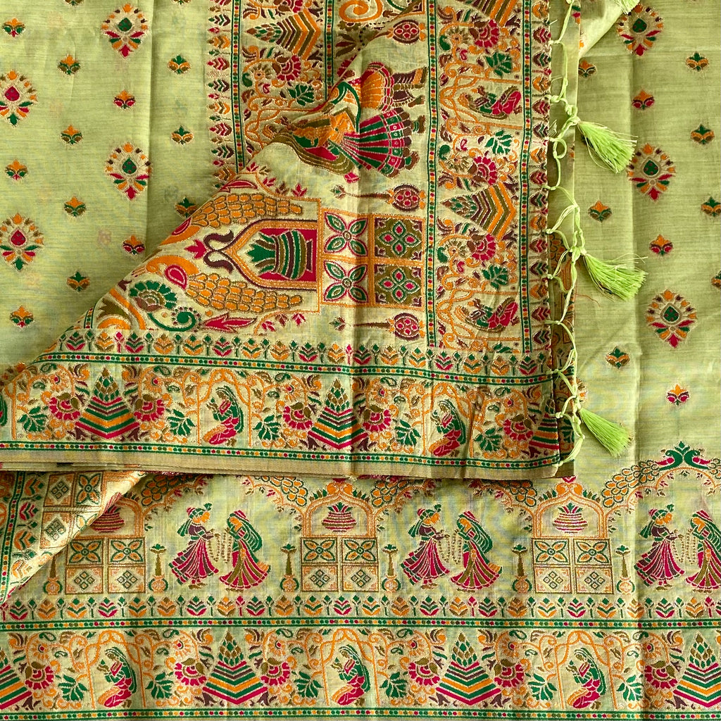 Pistachio Green Soft Tussar Silk Saree With Rani Pink Pallu