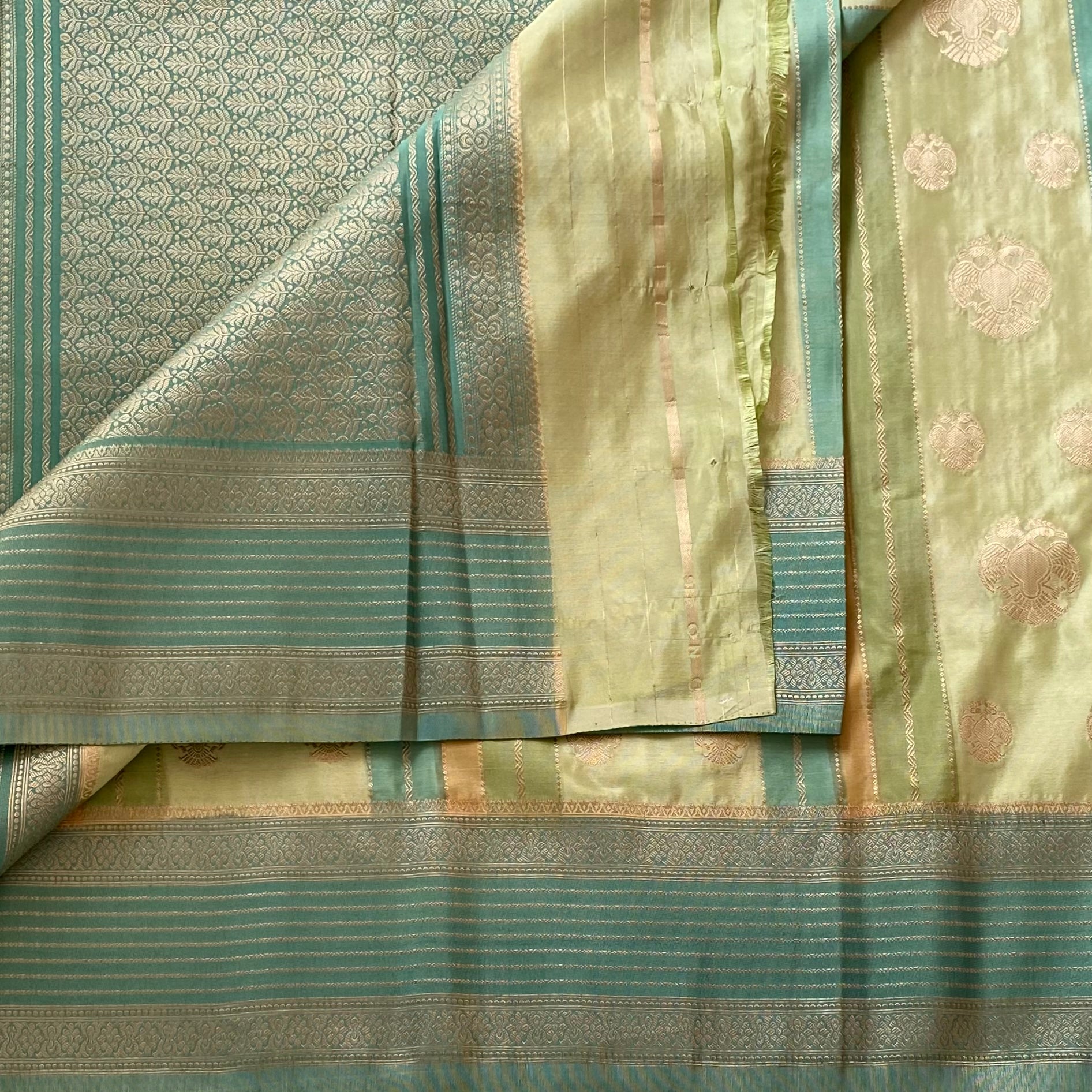 Shades Of Lime n Green Soft Crepe Silk With Designer Gandaberunda Buttas