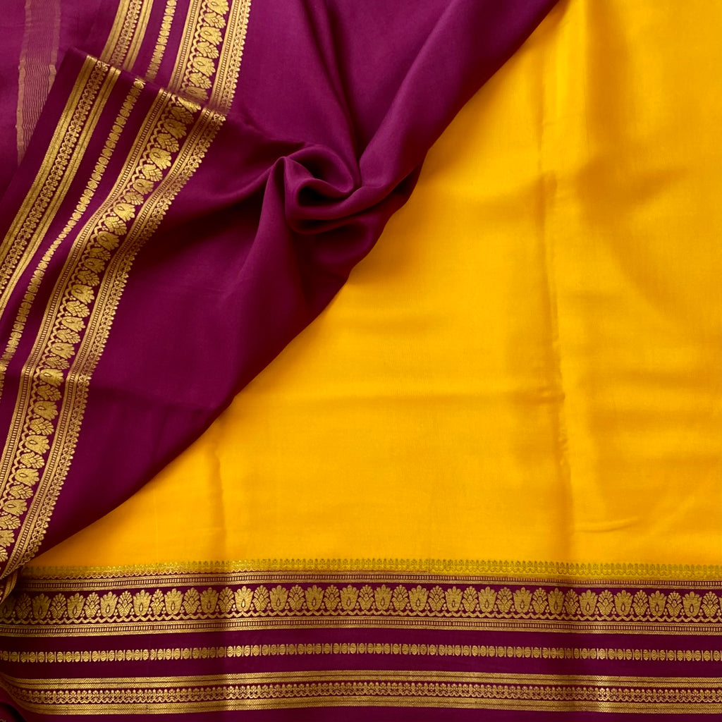 Mustard Yellow Saree with Plum Gold Zari Border Traditional Wear