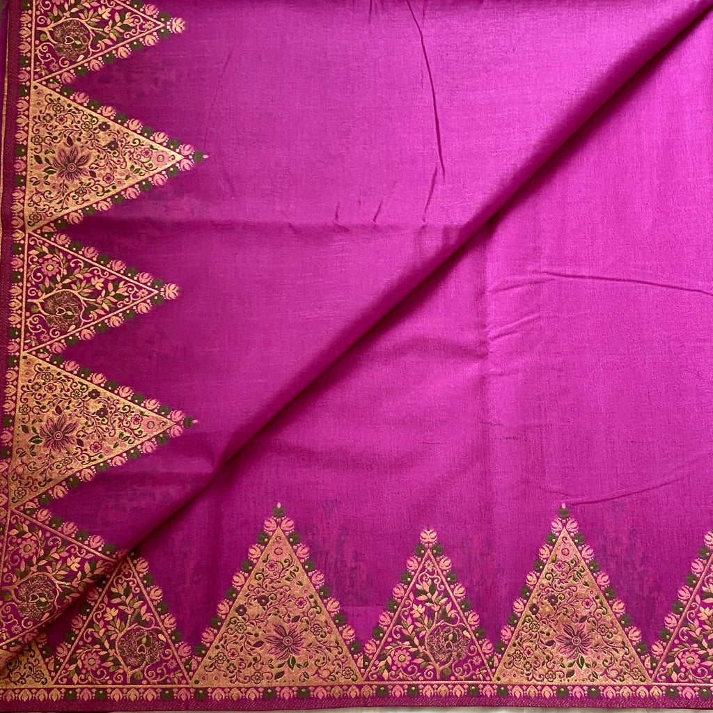 Fuchsia soft tussar with Meenakari temple borders n rich pallu