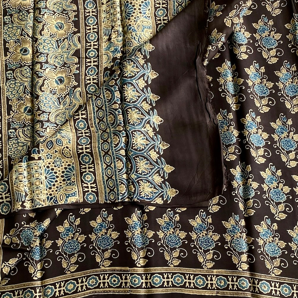 Deep Chocolate Brown Ajrakh Handblock Printed Silk Saree With Teal Blue Accents