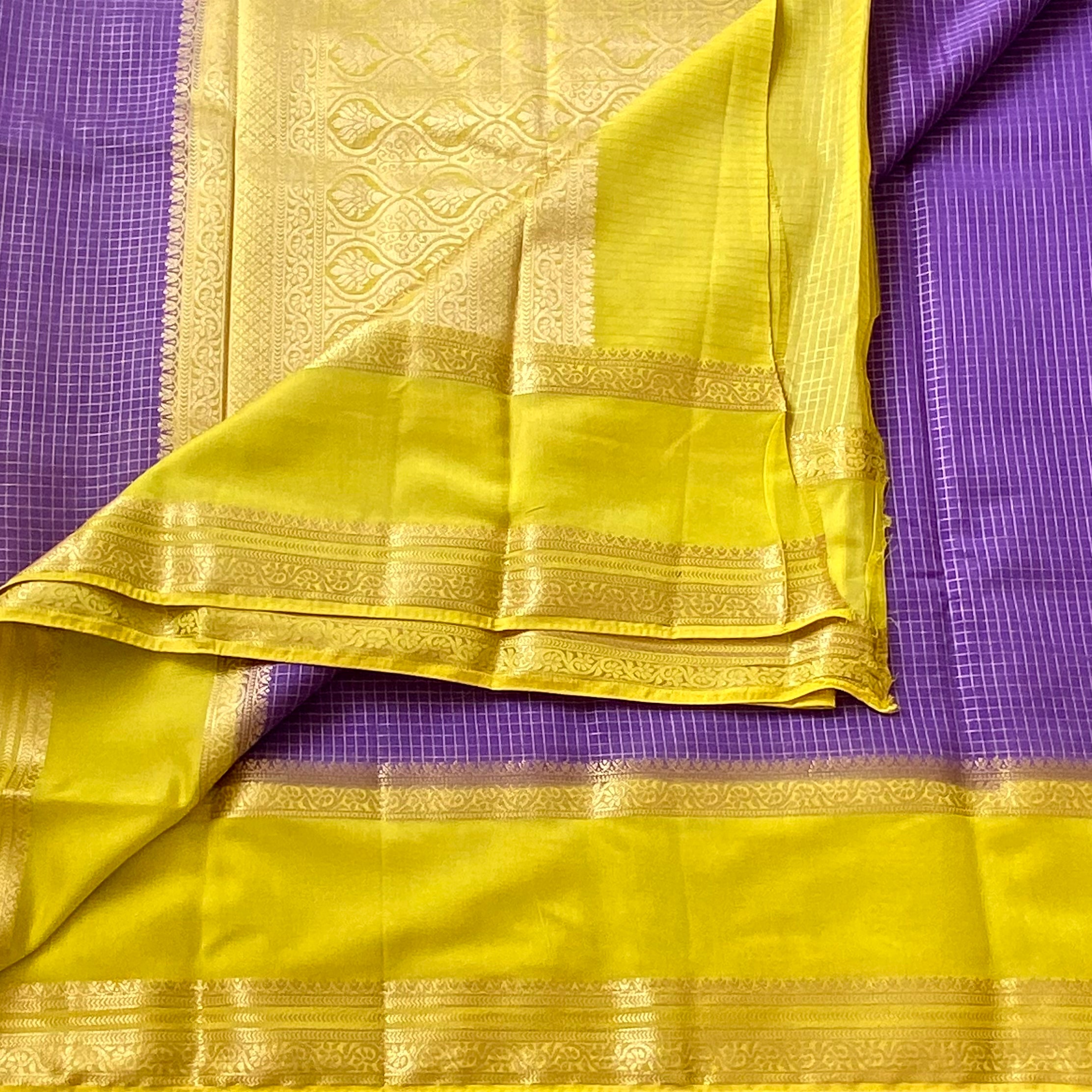 Purple line green checkered soft crepe silk with double borders