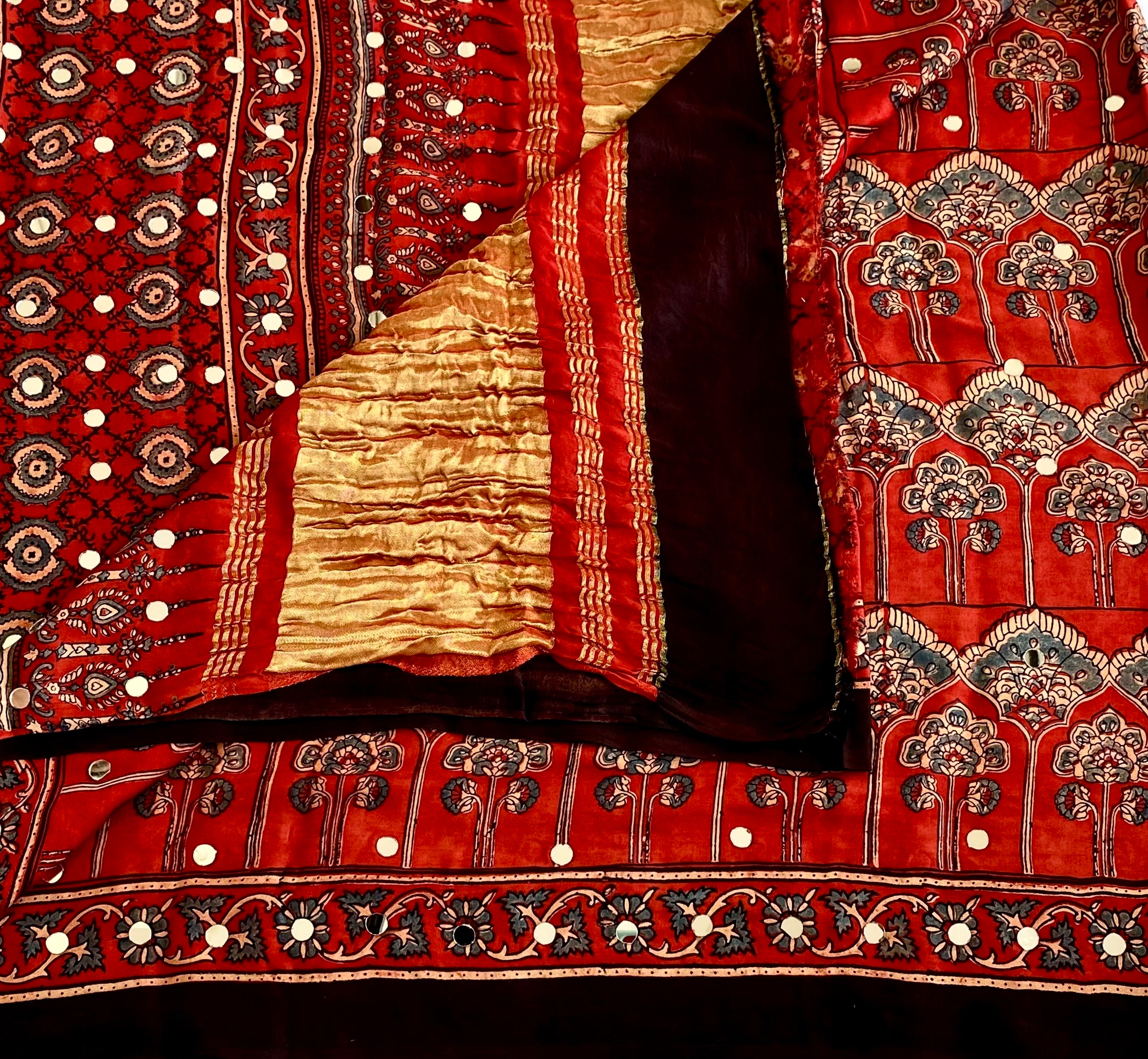 Rich Red Designer Ajrakh Silk With Handcrafted Mirror Work