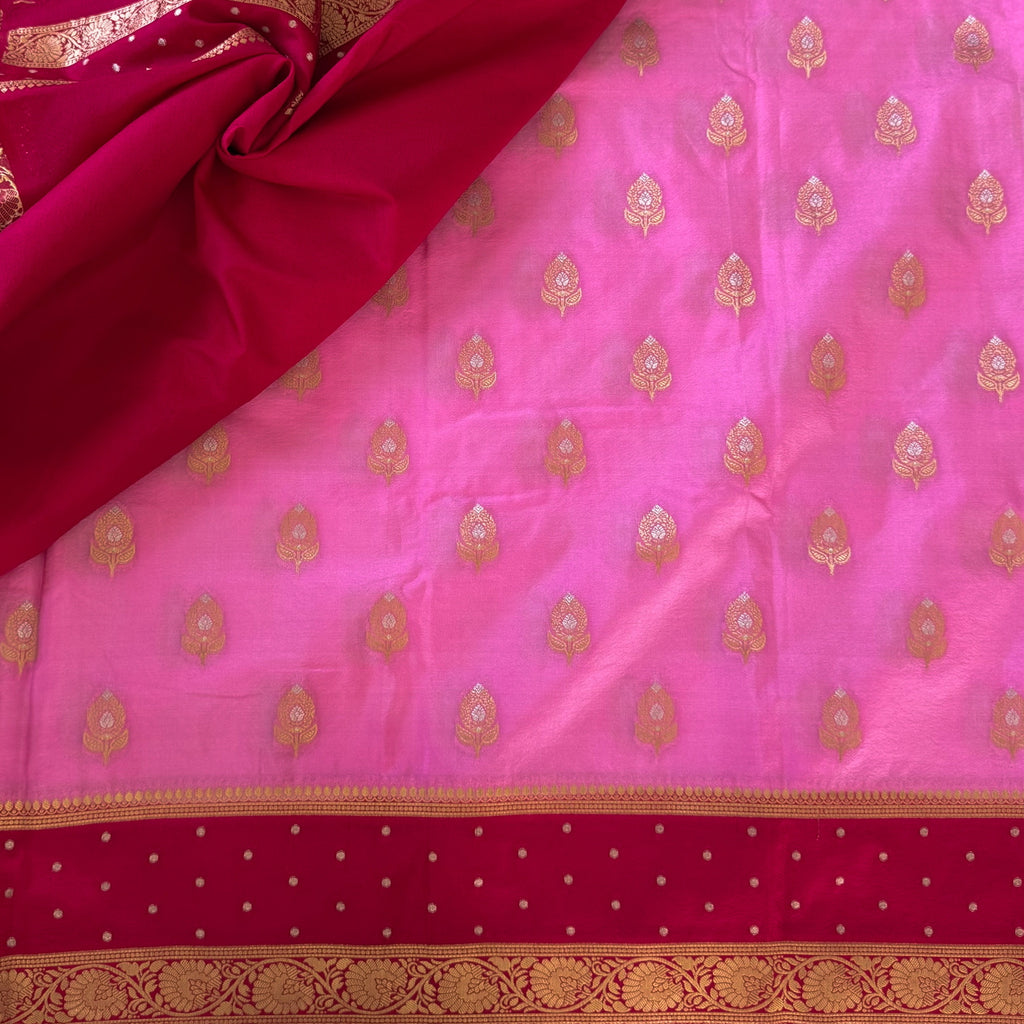 Pink Saree With Magenta Pallu Gold Zari Floral Border For Festive Wear