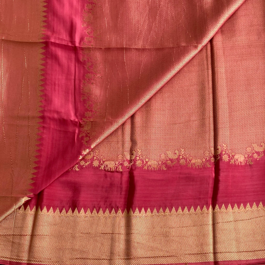 Rani Pink Soft Tussar Silk Saree With Antique Gold Zari Border