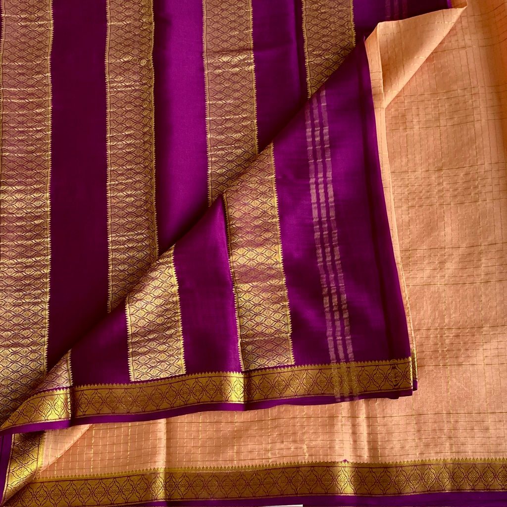 Dusty Peach Mysore Crepe Silk Saree With Royal Purple Pallu