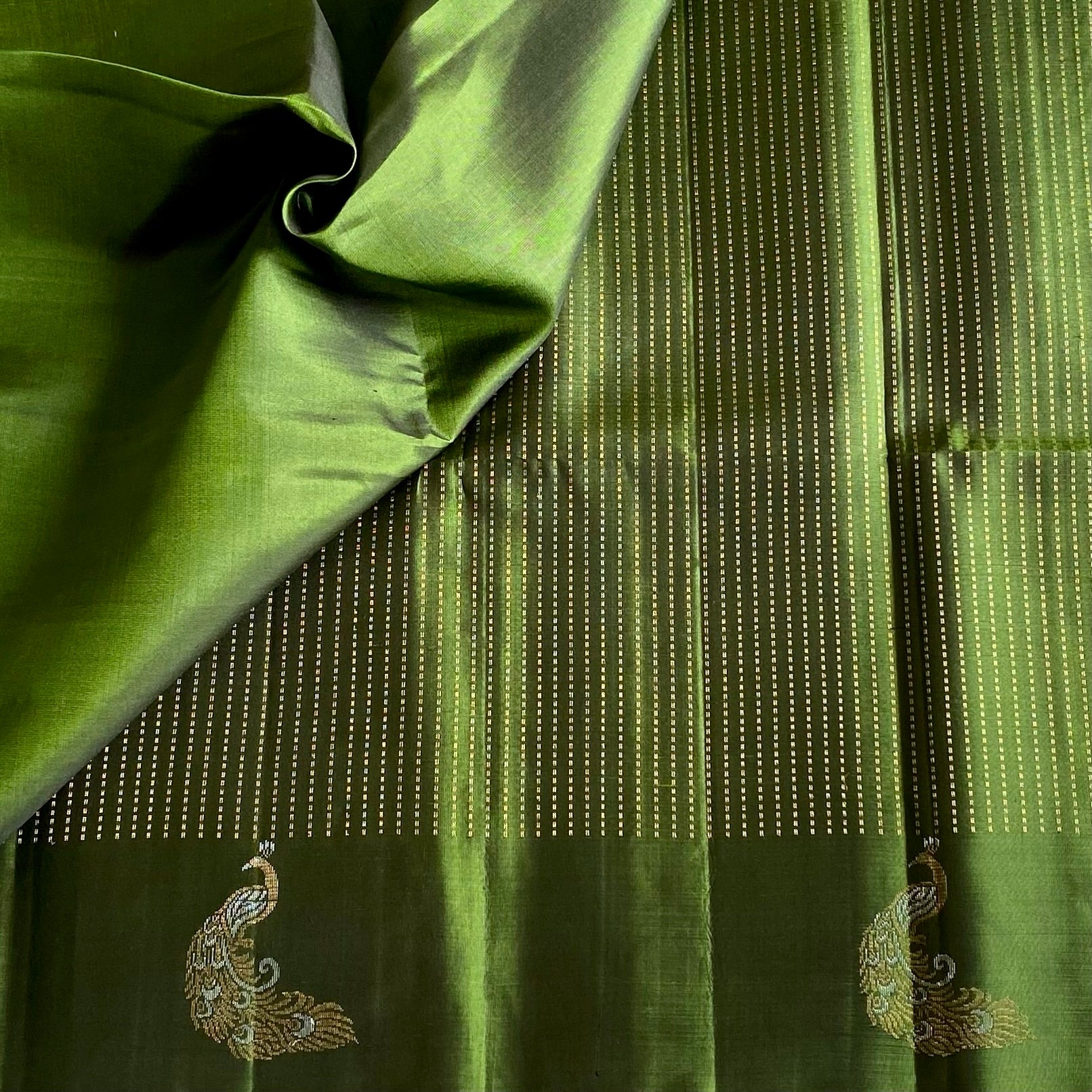 Classy Olive Designer Pure Silk Saree With Zari Stripes All Over