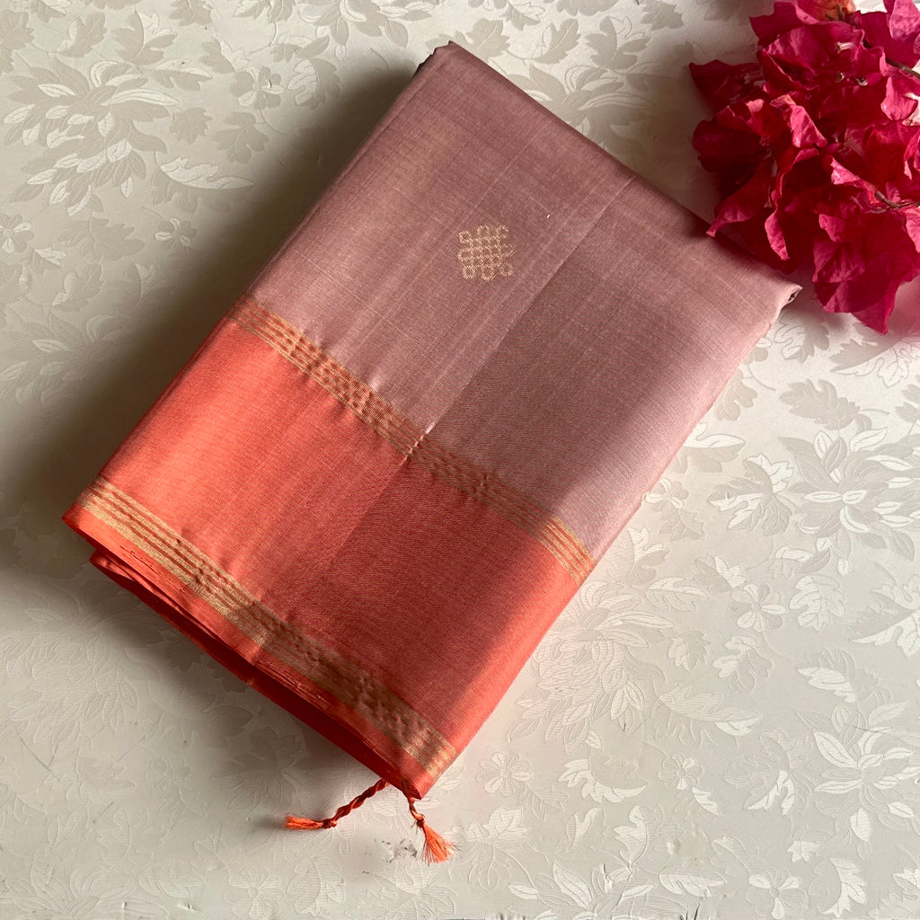 Dusty Greyish Rose Kollam Designer Pure Silk With Coral Borders