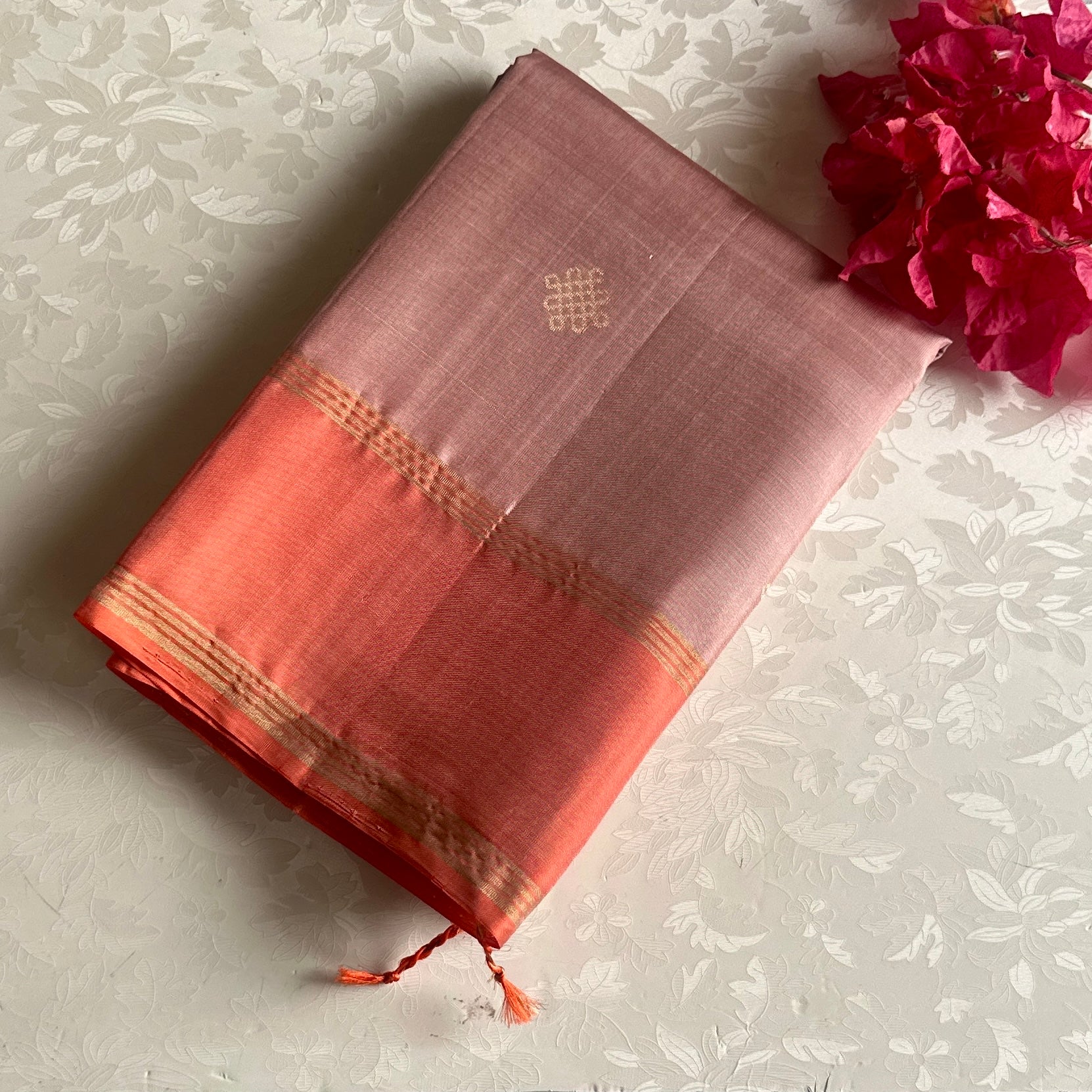 Dusty Greyish Rose Kollam Designer Pure Silk With Coral Borders