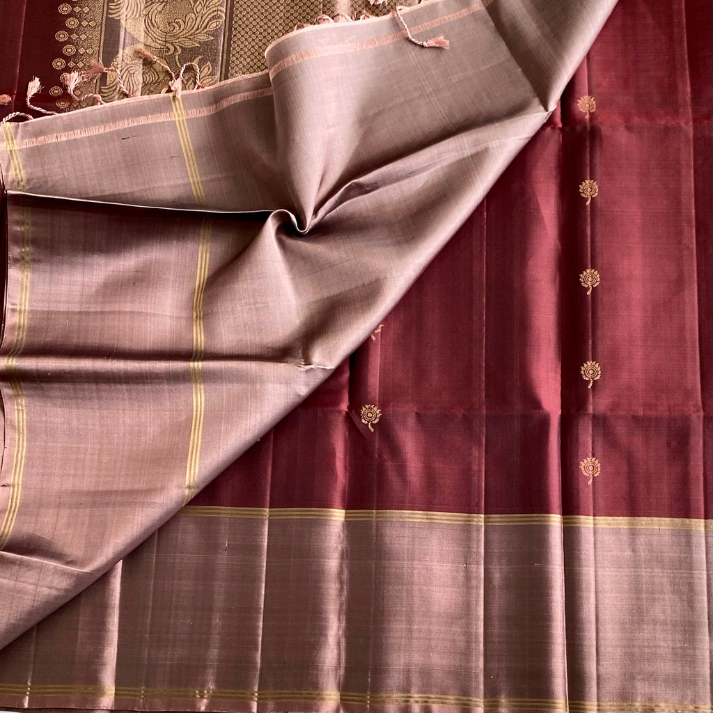Burgundy Maroon Designer Pure Silk Saree With Metallic Biscuit Brown Pallu