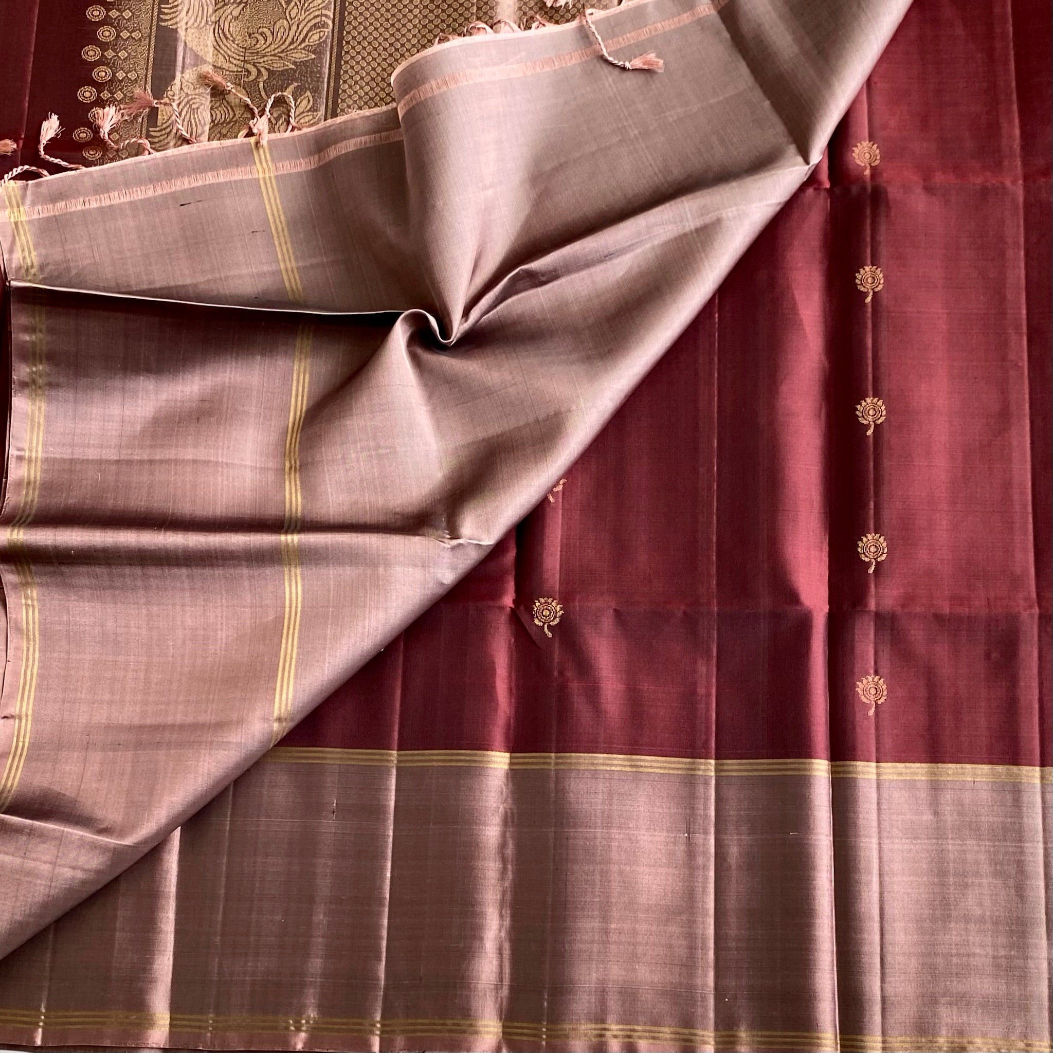 Burgundy Maroon Designer Pure Silk Saree With Metallic Biscuit Brown Pallu