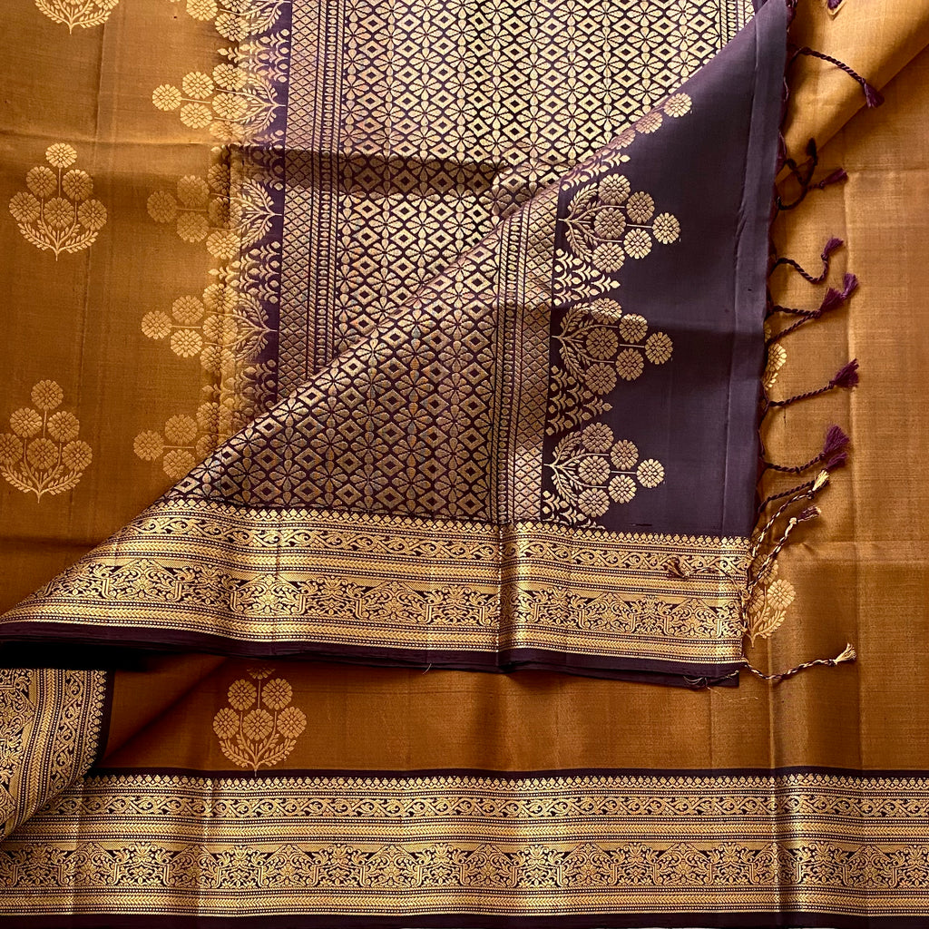 Bronze Brown Designer Pure Silk Saree Deep Aubergine Zari Border