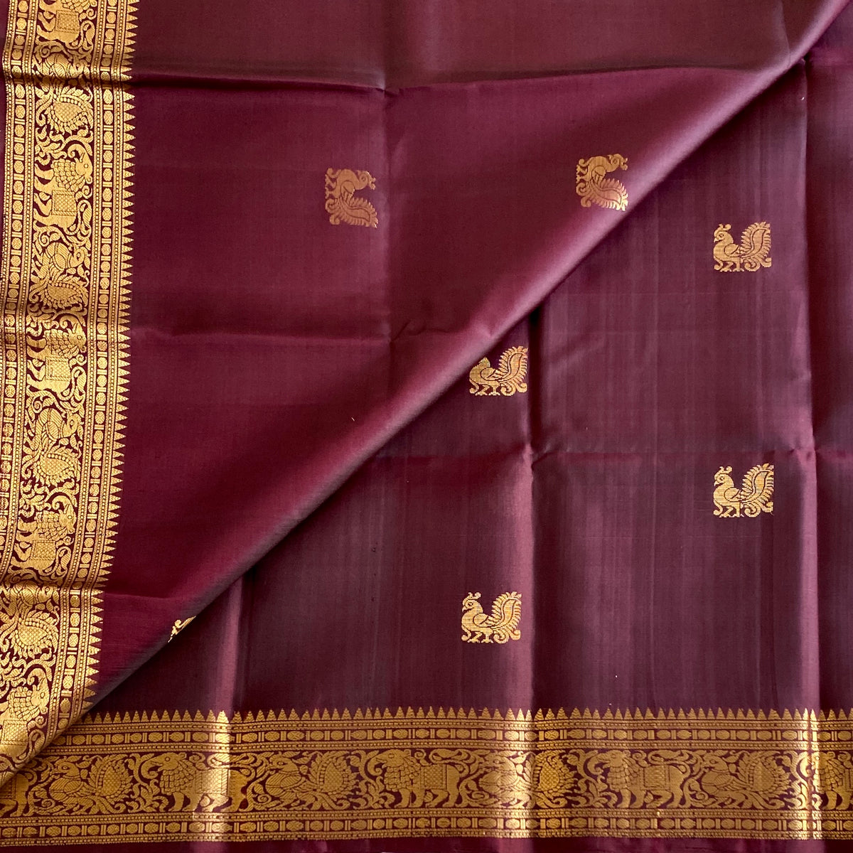 Designer Pure Silk Deep Chocolate Wine Antique Gold Saree With Woven Temple Border