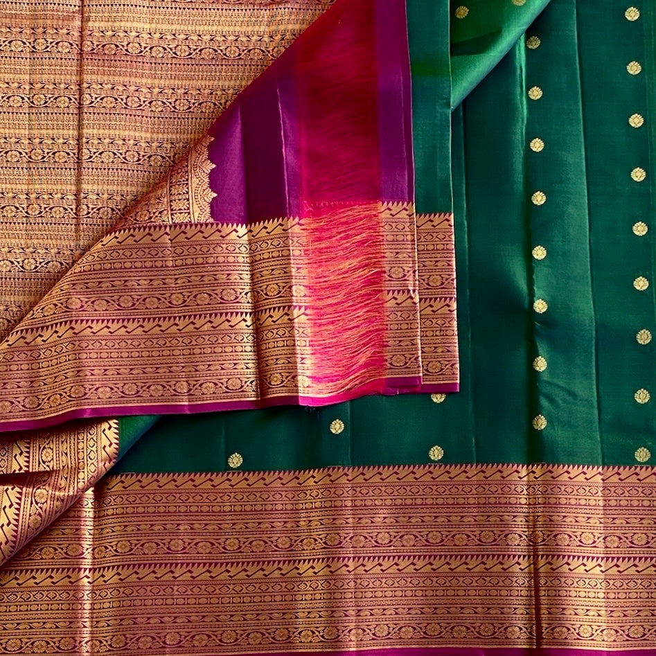 Bottle Green Designer Pure Silk Saree Rani Pink Pallu Gold Border