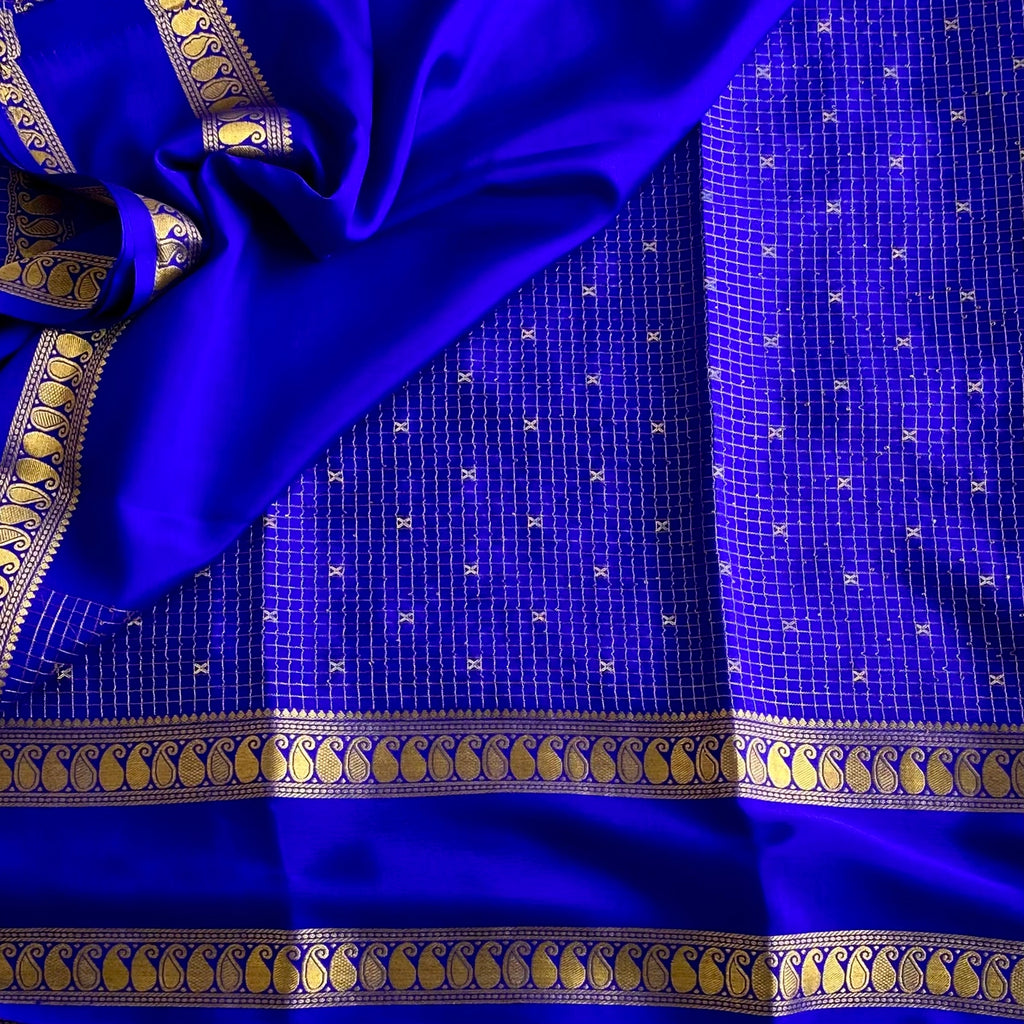 Royal Blue Mysore Crepe Silk Saree With Metallic Gold Paisley