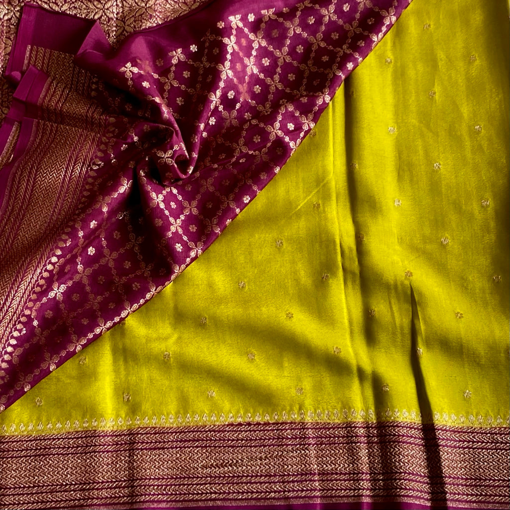 Lime Green Banarasi Crepe Silk Saree With Deep Magenta Wine Pallu And Gold Brocade