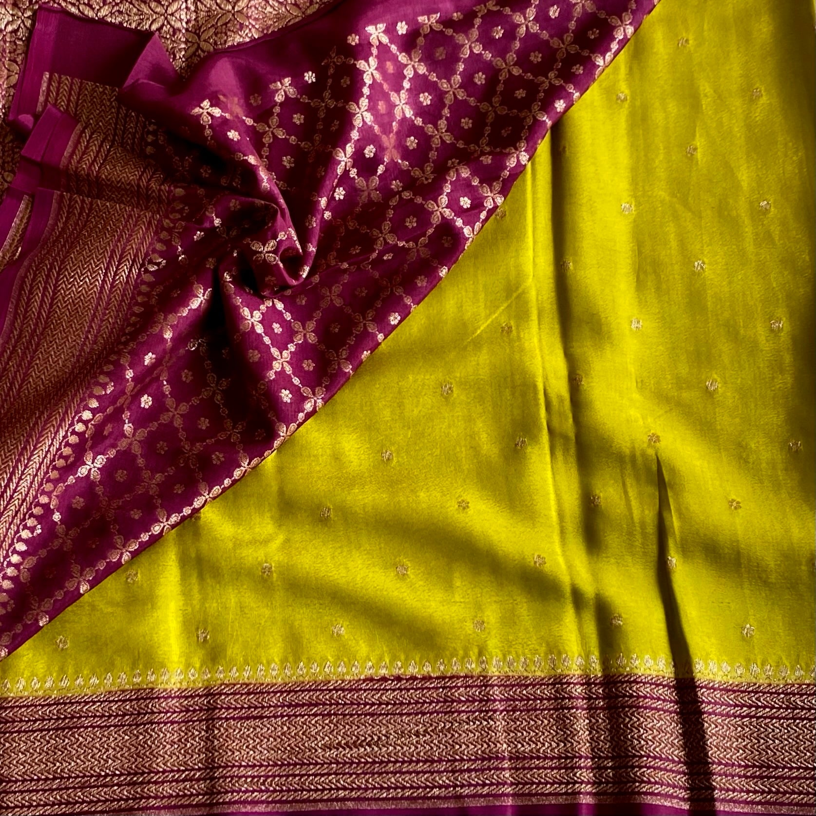 Lime Green Banarasi Crepe Silk Saree With Deep Magenta Wine Pallu And Gold Brocade