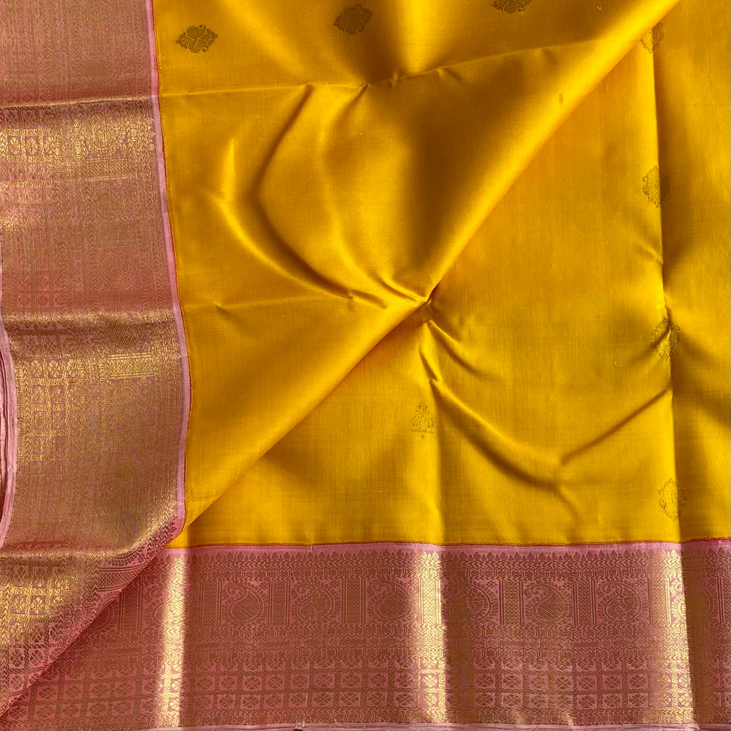 Golden Yellow With Stunner Metallic Rose Pink Pure Zari Kanjeevaram