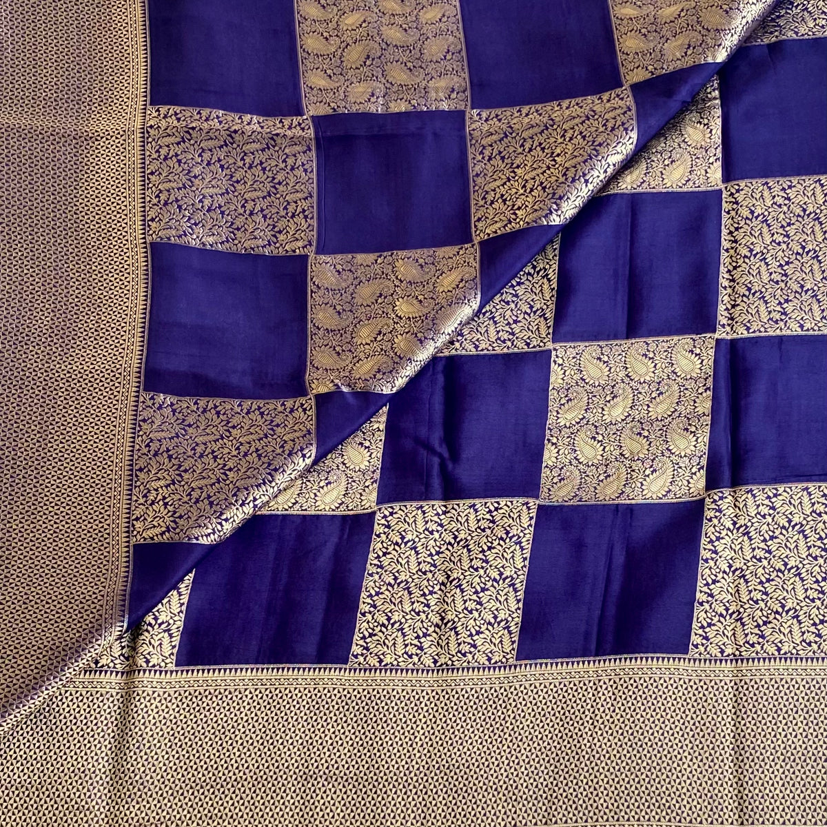 Midnight Navy Soft Crepe Silk Saree With Antique Gold Brocade Checks