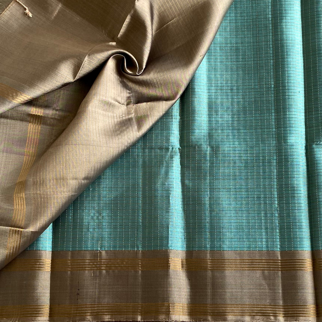 Peacock Teal Designer Pure Silk Saree With Smoky Taupe Pallu