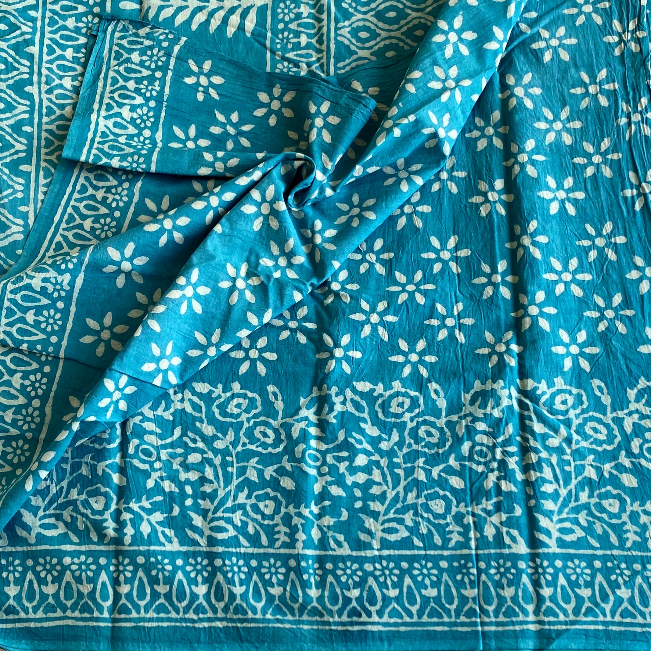 Teal Blue Soft Tussar Silk Saree With White Block Print