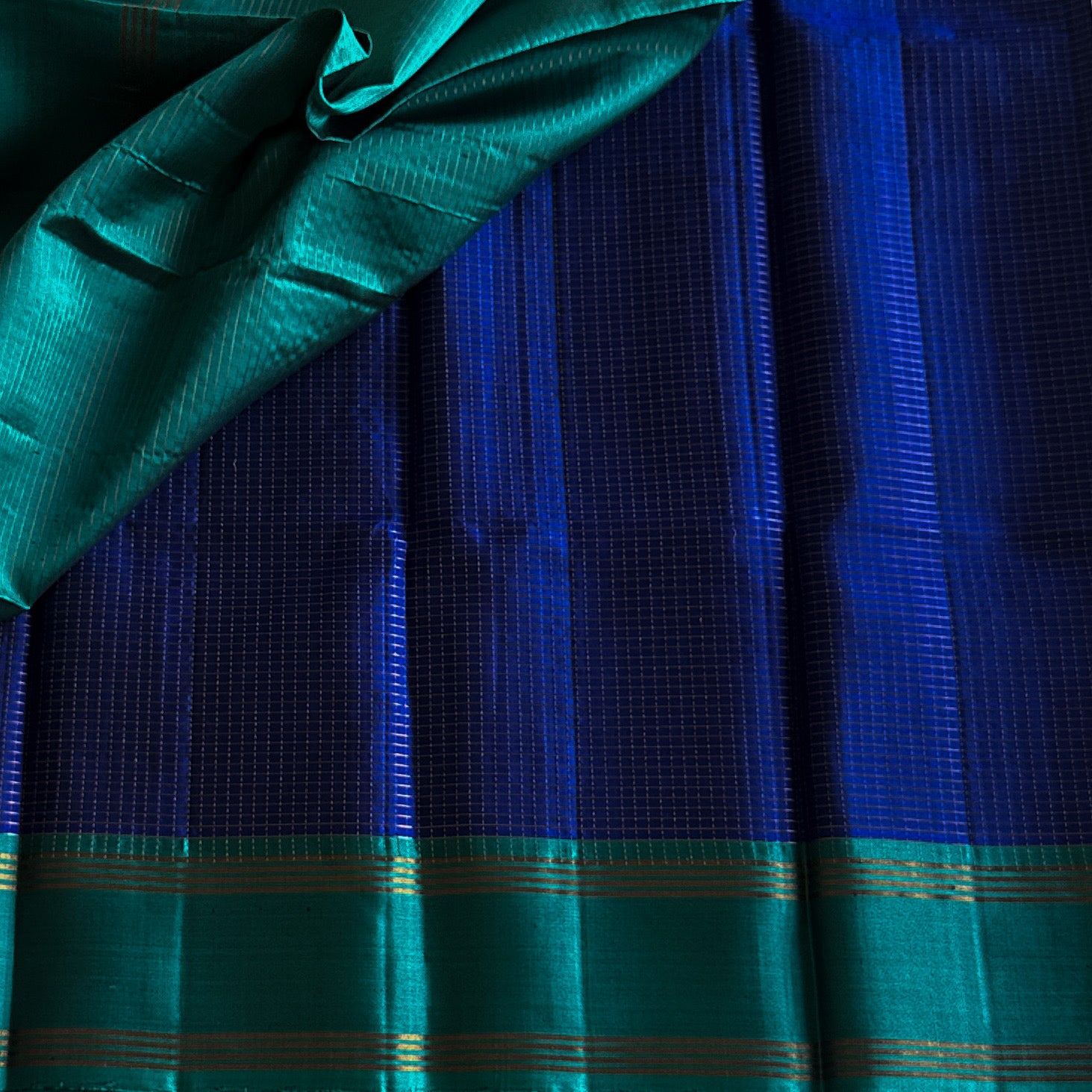 Cobalt Blue Teal Pallu Gold Zari Checked Traditional Saree