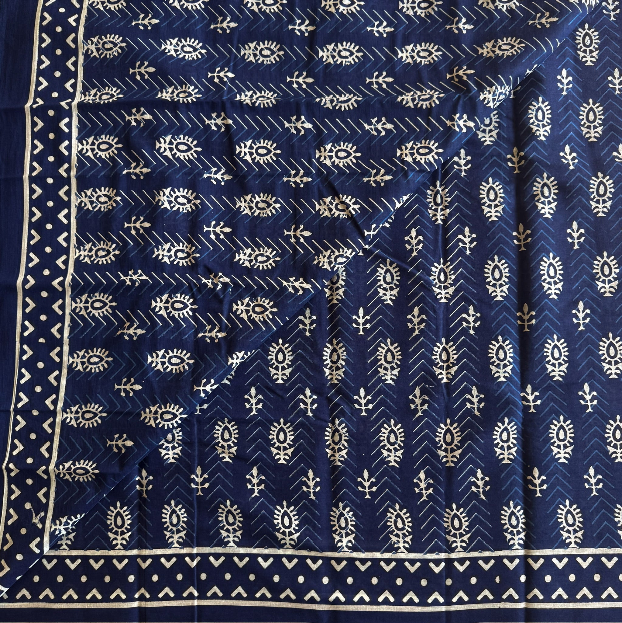 Indigo Block Print Cotton Saree Leaf Floral Border Soft Fall