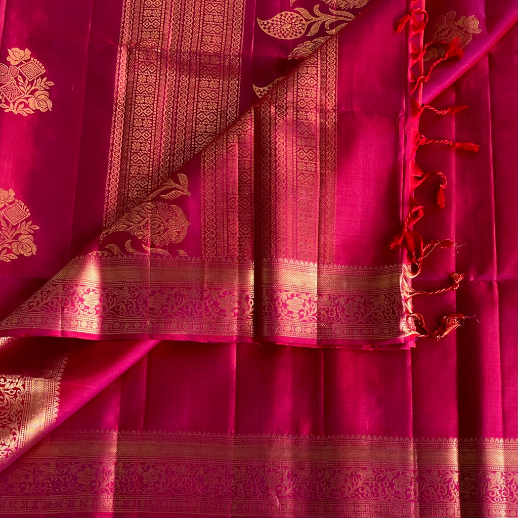 Rani Pink Designer Pure Silk Saree With Gold Zari