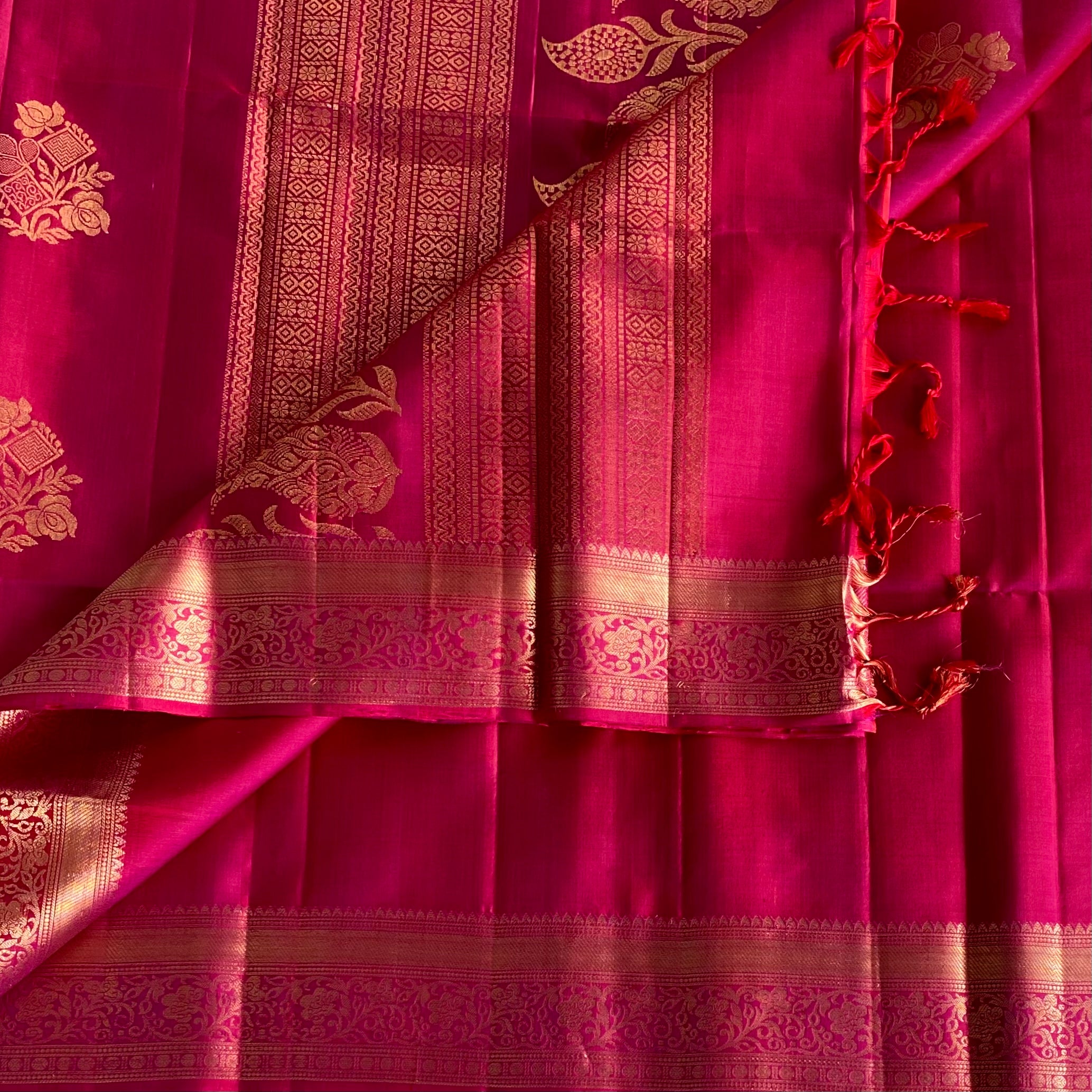 Rani Pink Designer Pure Silk Saree With Gold Zari
