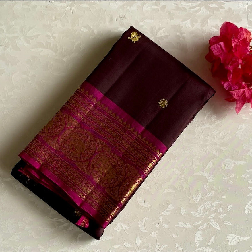 Chocolate Brown Kanjeevaram Pure Zari Silk Saree With Bright Magenta Pallu